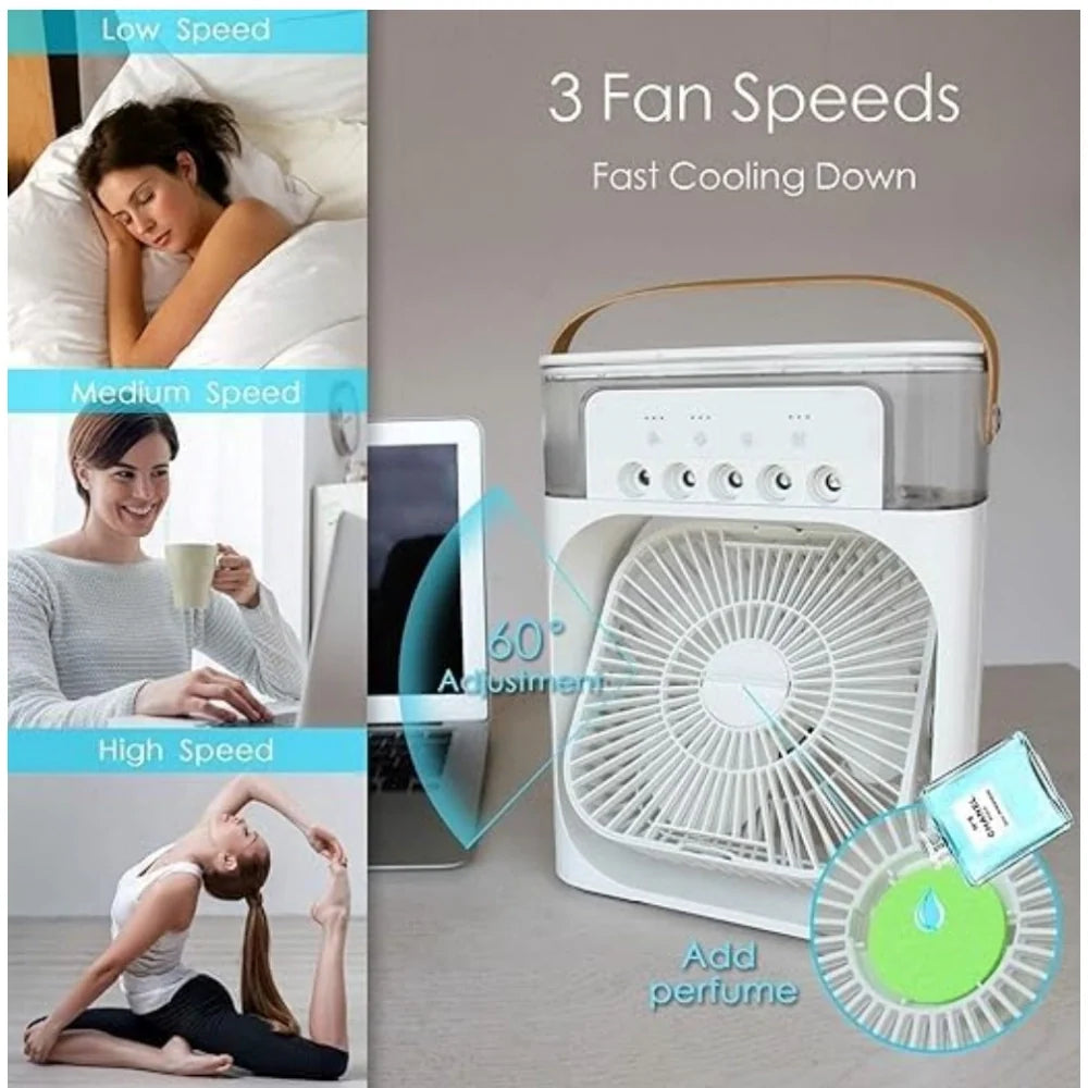 Mist cooler fan with three fan speeds on a desk and by the bed