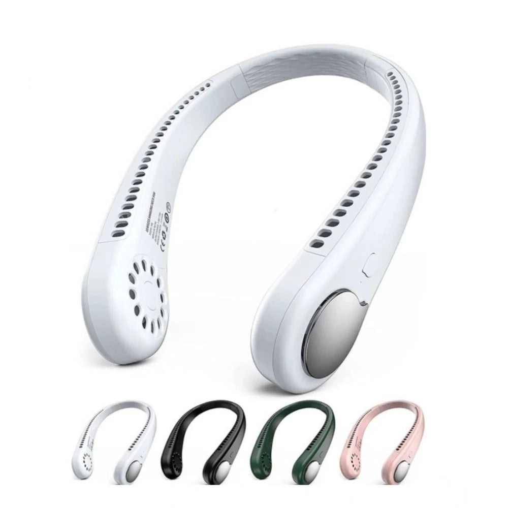 Wearable neck fan with no exposed blades, shown in several colours