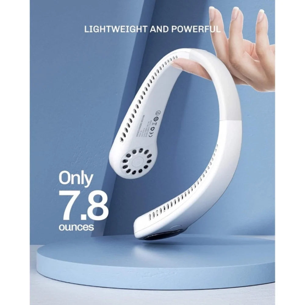 Lightweight white neck fan held in one hand