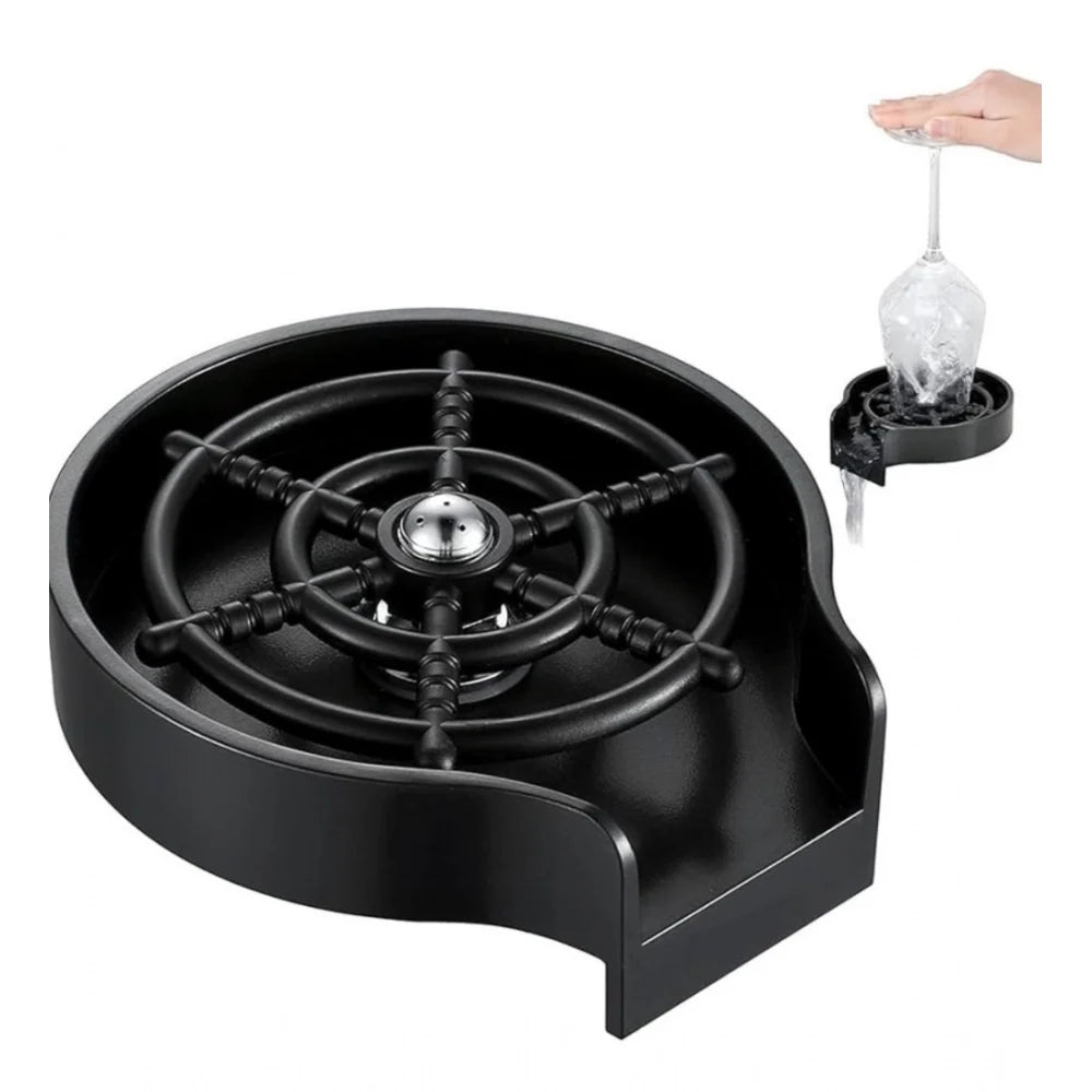 Black automatic cup rinser with steel spray head for kitchen sinks