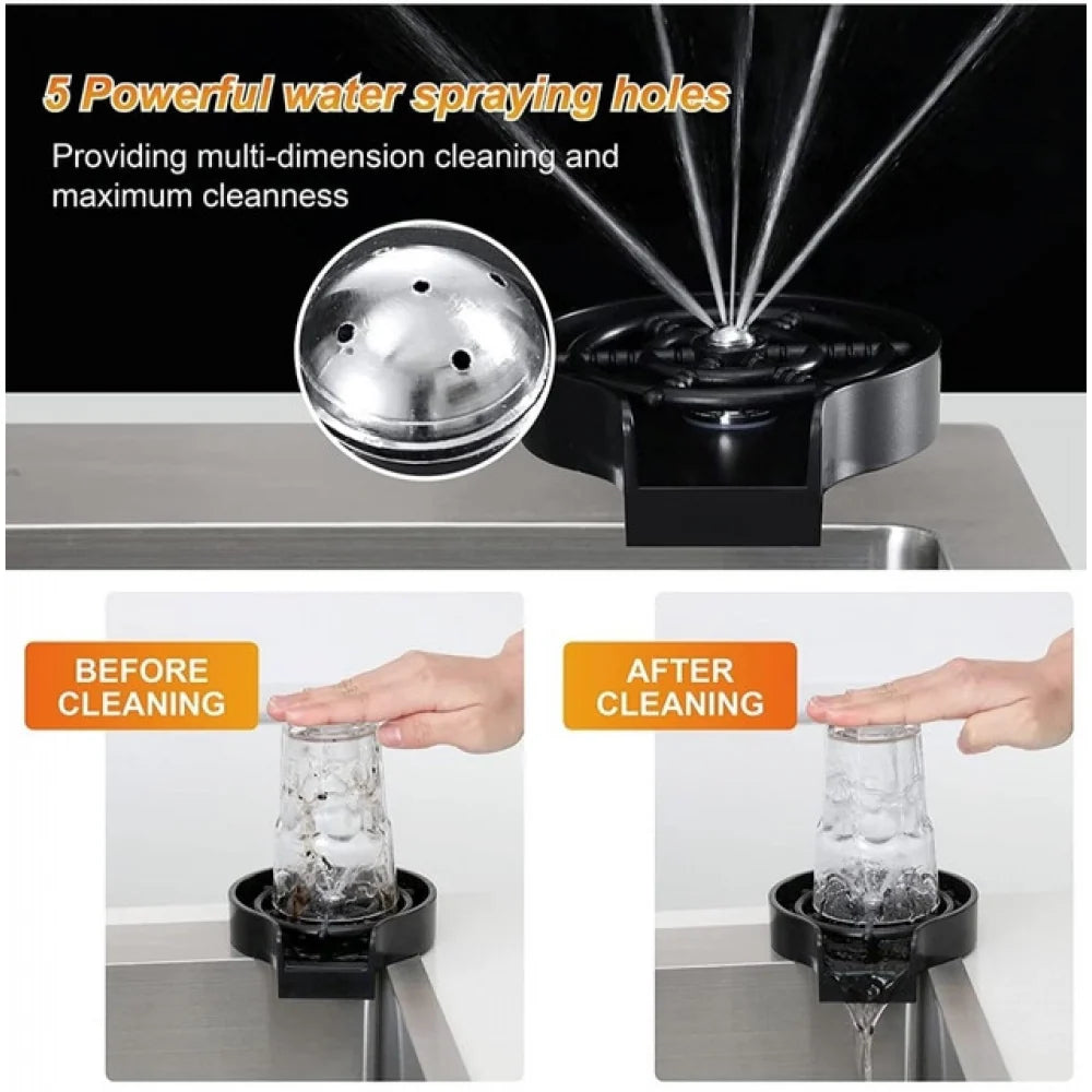 Water jets rinsing a glass on the cup rinser, before and after