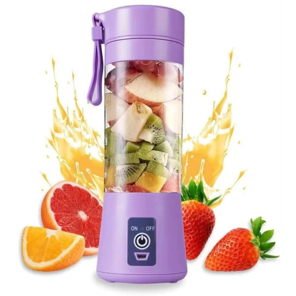 Purple portable USB juicer bottle filled with fruit