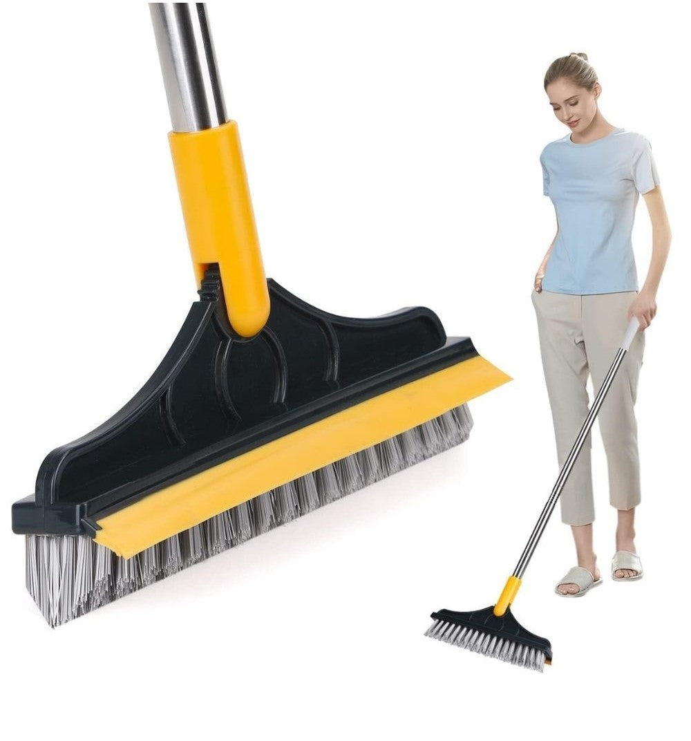 2-in-1 floor scrub brush with rubber wiper and long handle