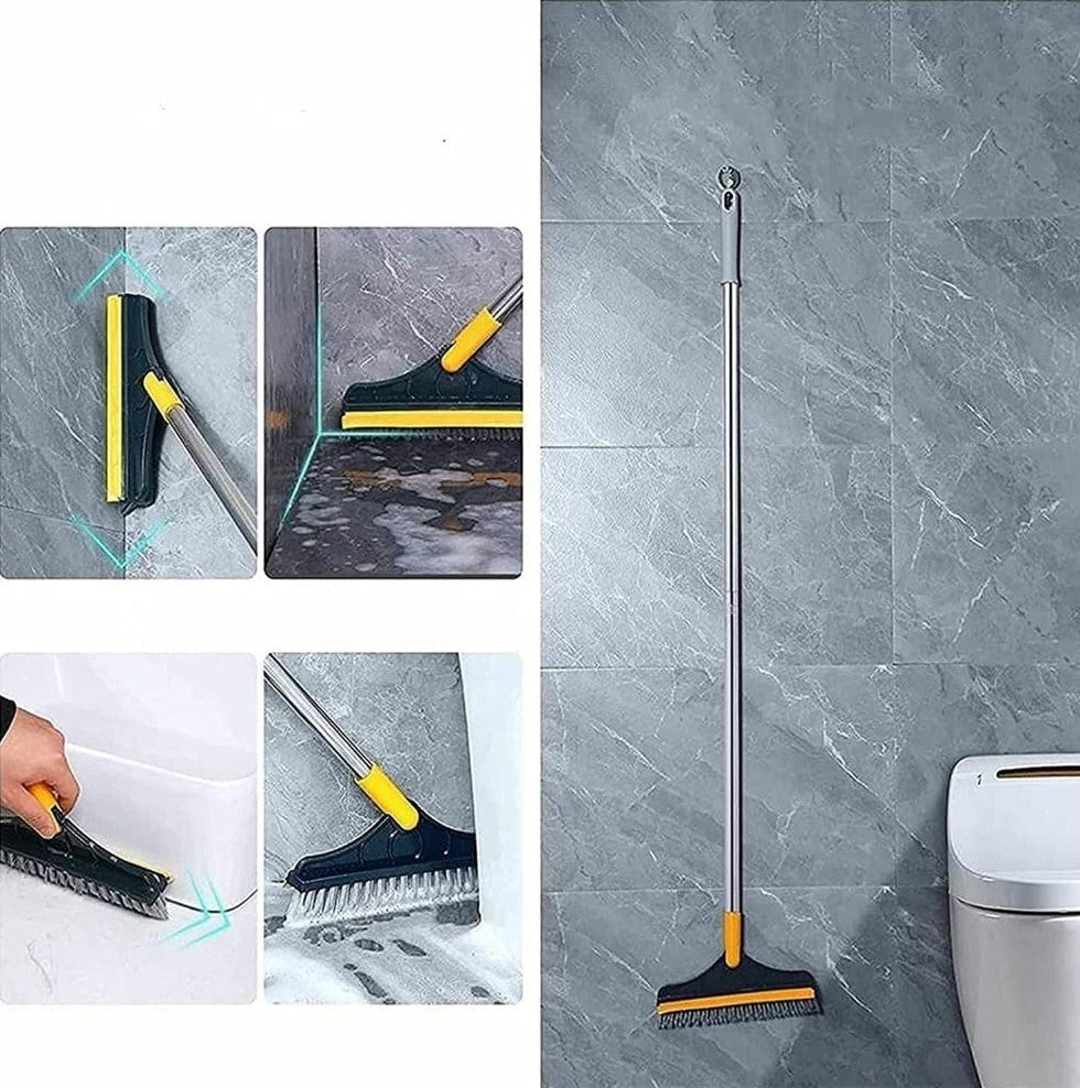 Floor brush cleaning tile corners and pushing water