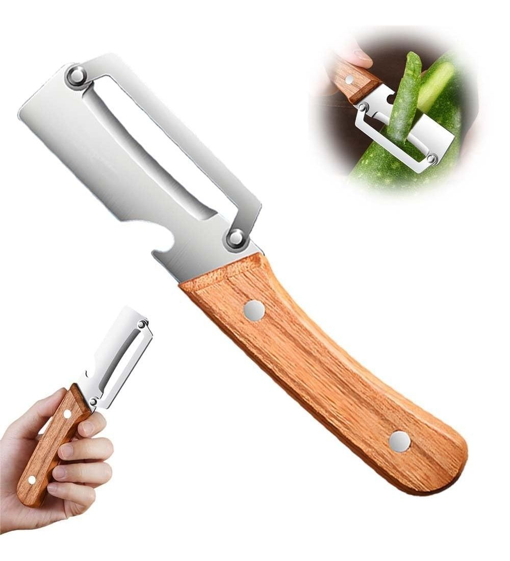 Stainless steel vegetable peeler with wooden handle and bottle opener