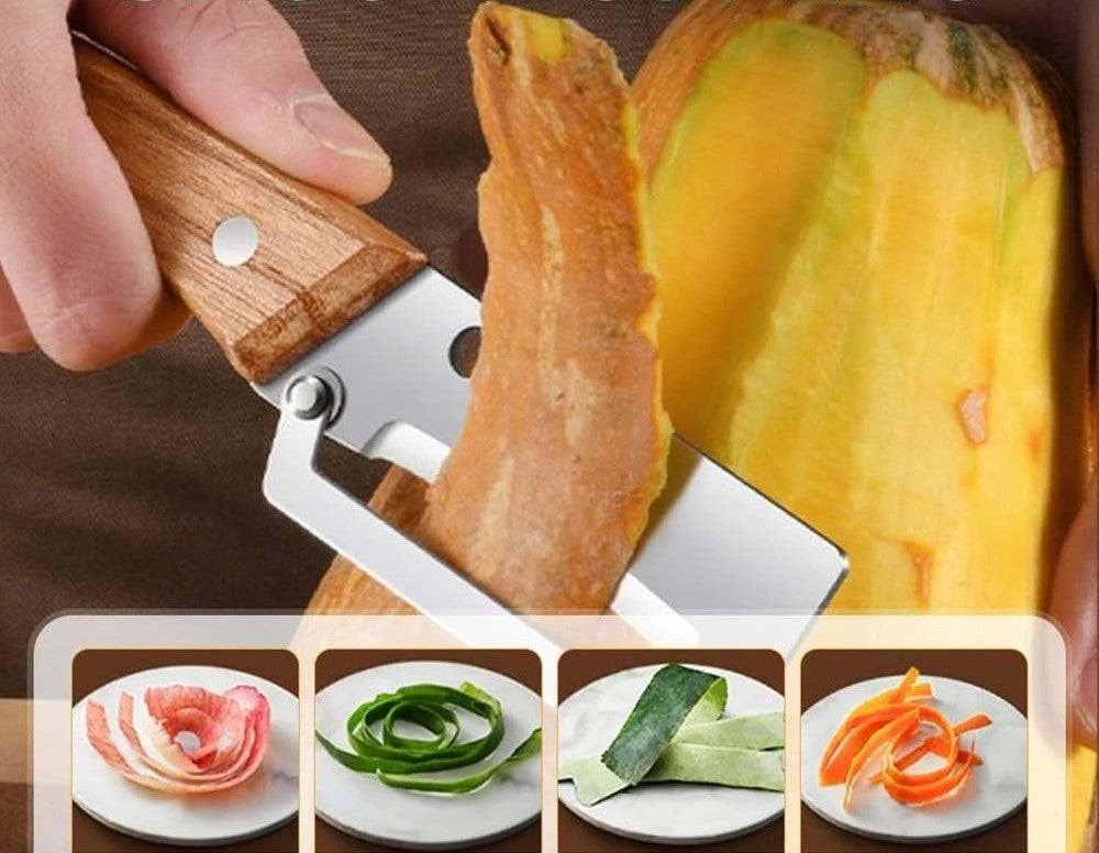 Peeling vegetables with the wooden handle peeler