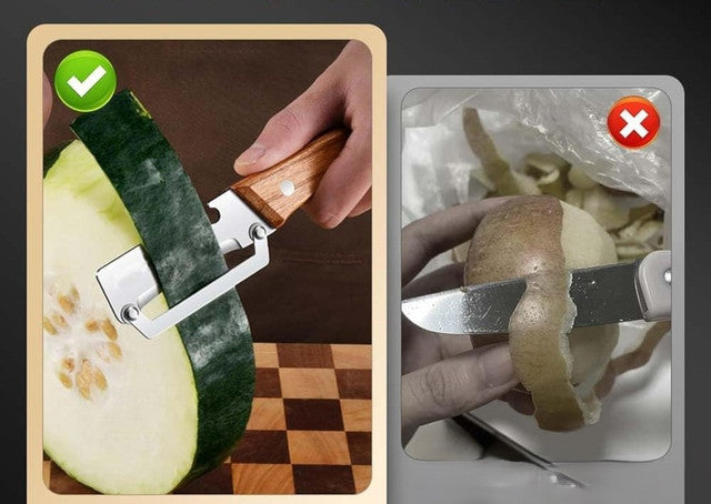 Thin peel with the sharp peeler compared to a knife