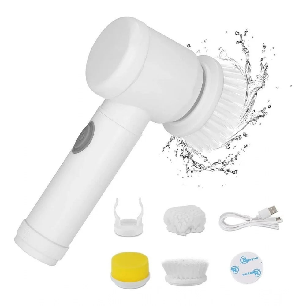 White cordless electric spin scrubber with brush heads and charger