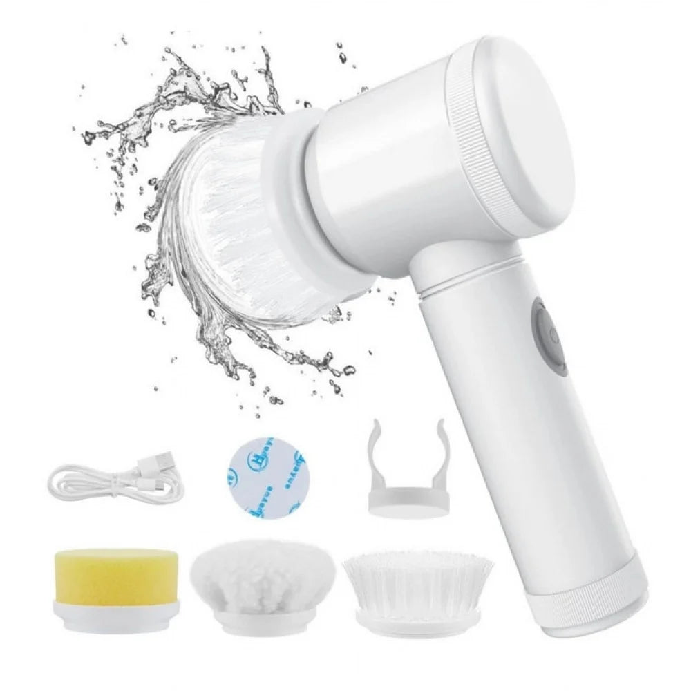 Spin scrubber with interchangeable heads and wall holder