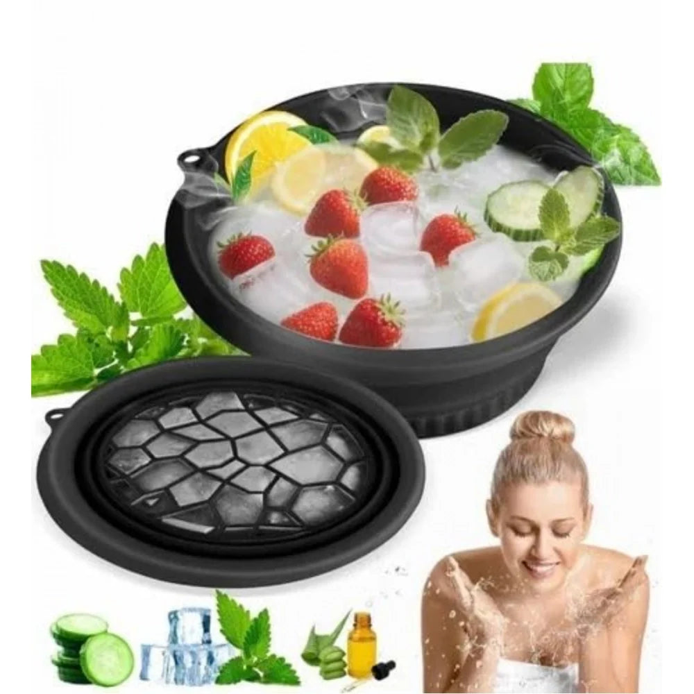 Black silicone ice face bowl with ice, fruit and built-in ice tray