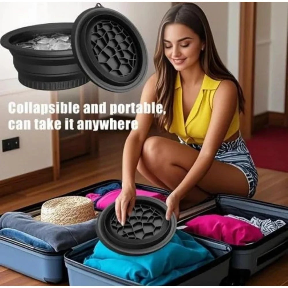 Collapsible face bowl packed flat into a suitcase