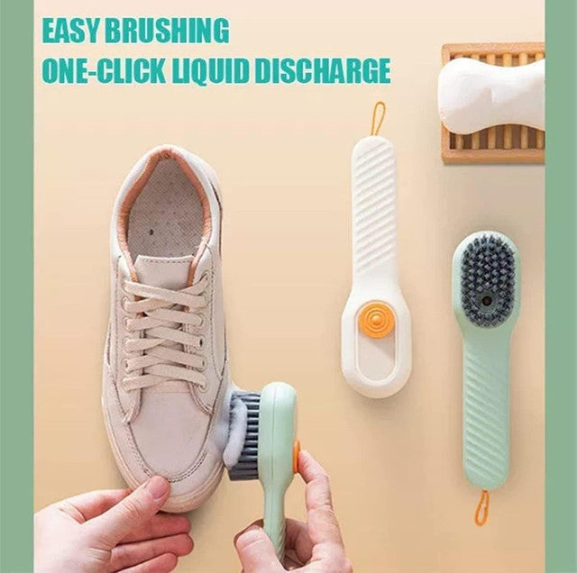 One-press liquid release while brushing shoes
