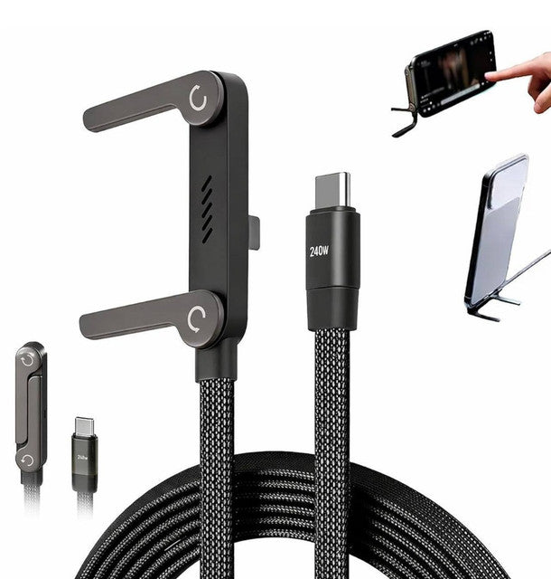 Braided Type-C to Type-C cable with built-in fold-out phone stand