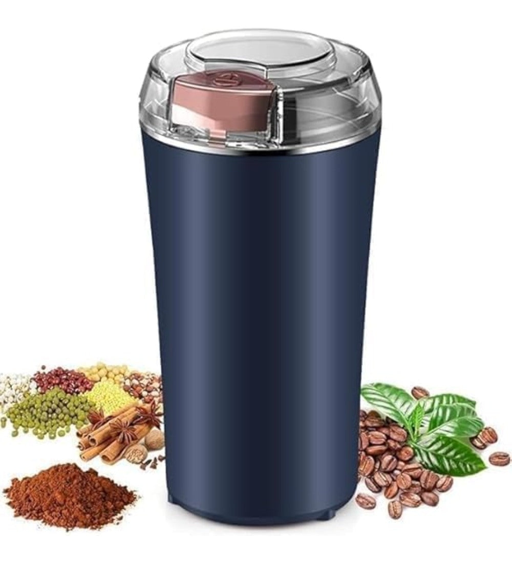 Navy blue electric spice and coffee grinder with spices and beans